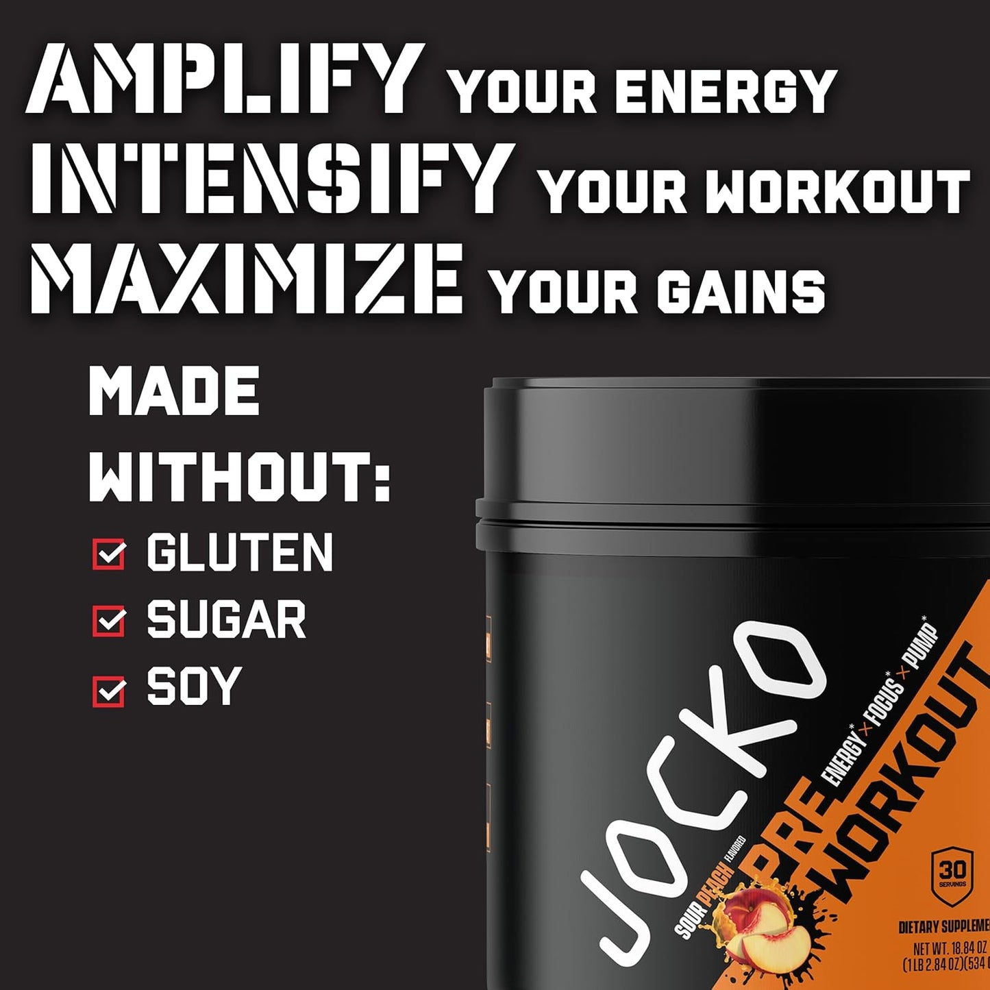 High Stim Sugar-Free Jocko Fuel Pre-Workout Powder for Energy & Recovery - Sour Peach Flavor 200mg Caffeine - Nootropic Blend for Muscle Pump - Men & Women