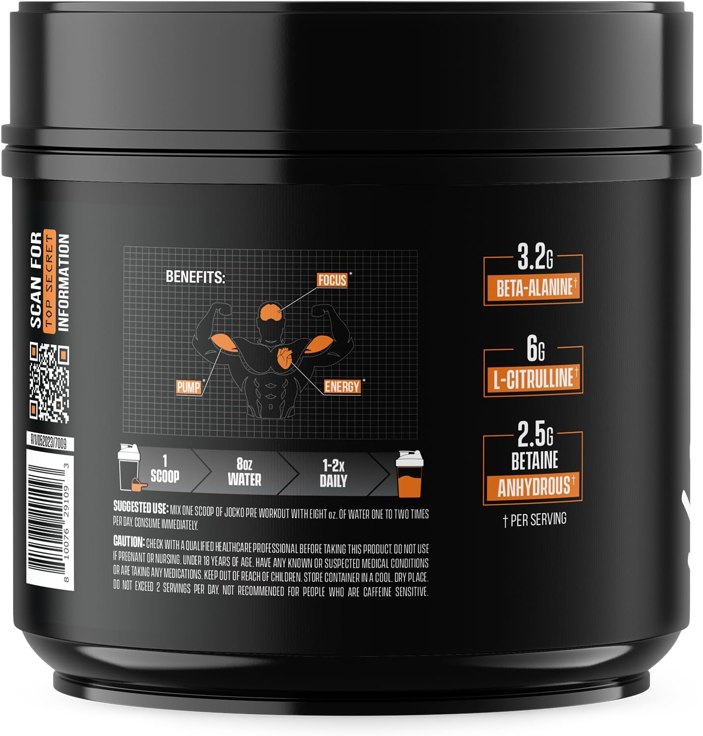 High Stim Sugar-Free Jocko Fuel Pre-Workout Powder for Energy & Recovery - Sour Peach Flavor 200mg Caffeine - Nootropic Blend for Muscle Pump - Men & Women