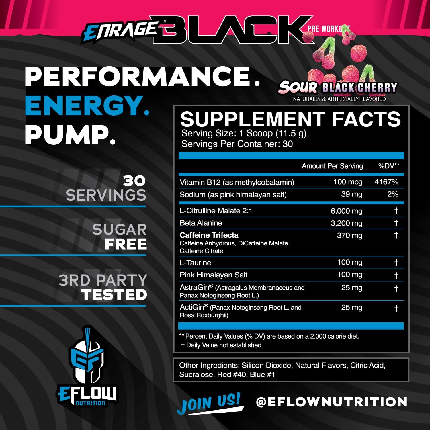 High-Stimulant Pre Workout Powder for Energy, Pumps & Strength - Sour Black Cherry Flavor - 30 Servings