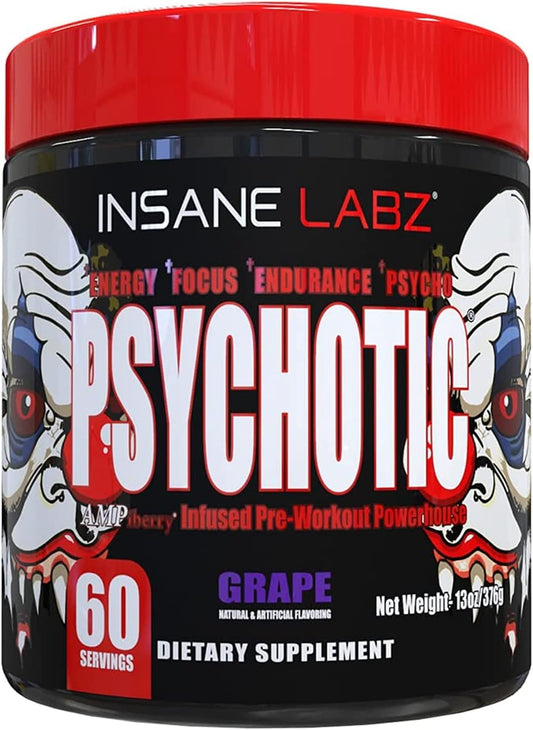 High-Stimulant Pre Workout Powder for Extreme Energy, Focus, and Endurance - Insane Labz Psychotic with Beta Alanine, Creatine Monohydrate, DMAE - Grape Flavor, 60 Servings