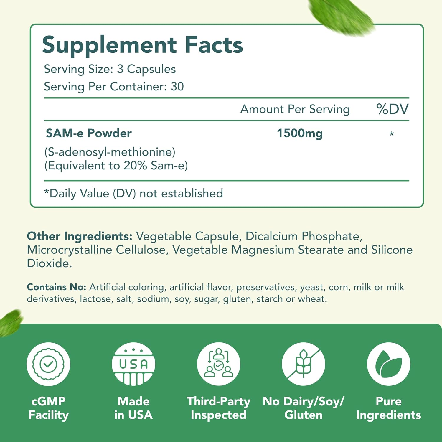 High Strength 1500mg SAM-e Supplement for Joint, Brain, Liver, and Mood Support - Non-GMO Same Capsules for High Absorption - 30 Servings