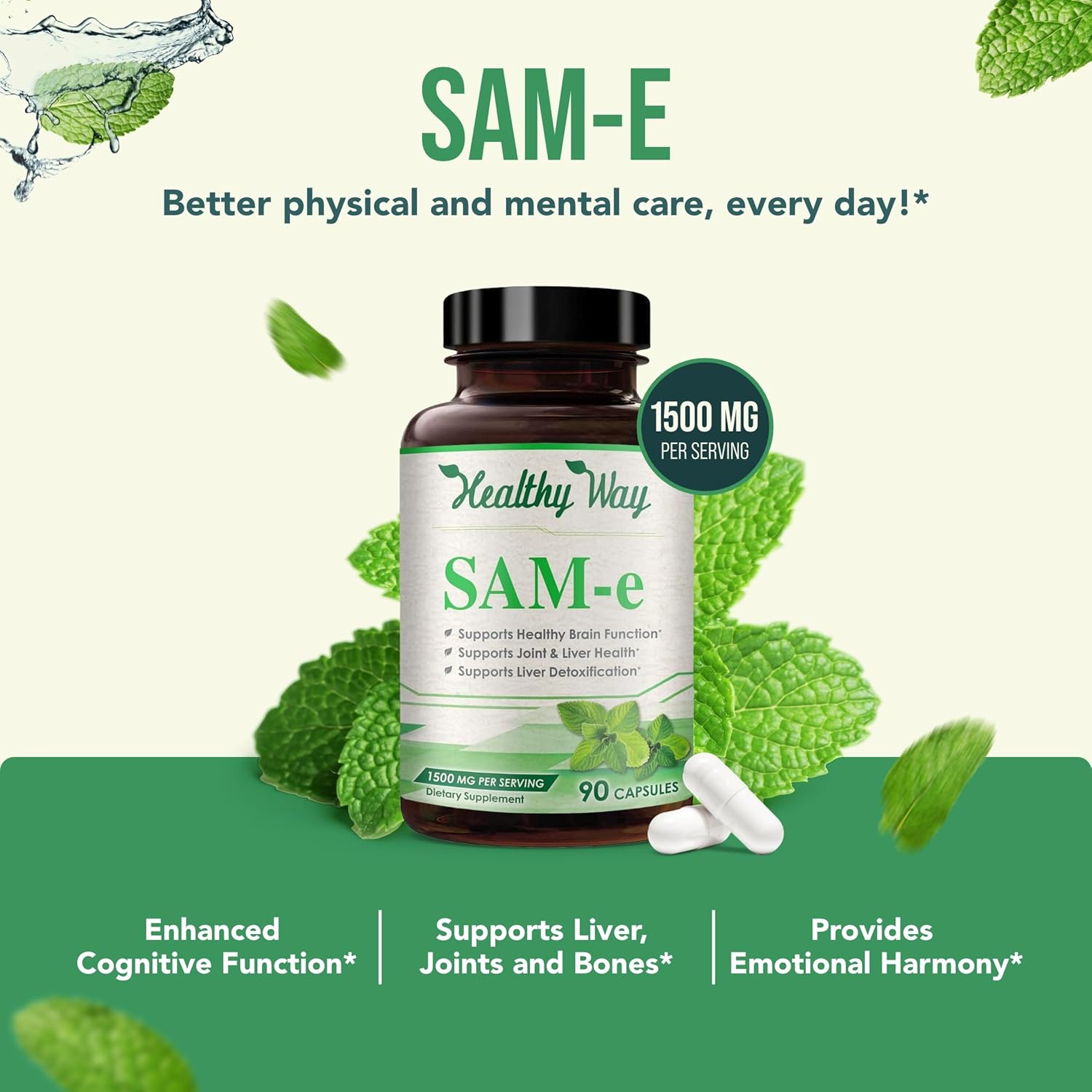 High Strength 1500mg SAM-e Supplement for Joint, Brain, Liver, and Mood Support - Non-GMO Same Capsules for High Absorption - 30 Servings