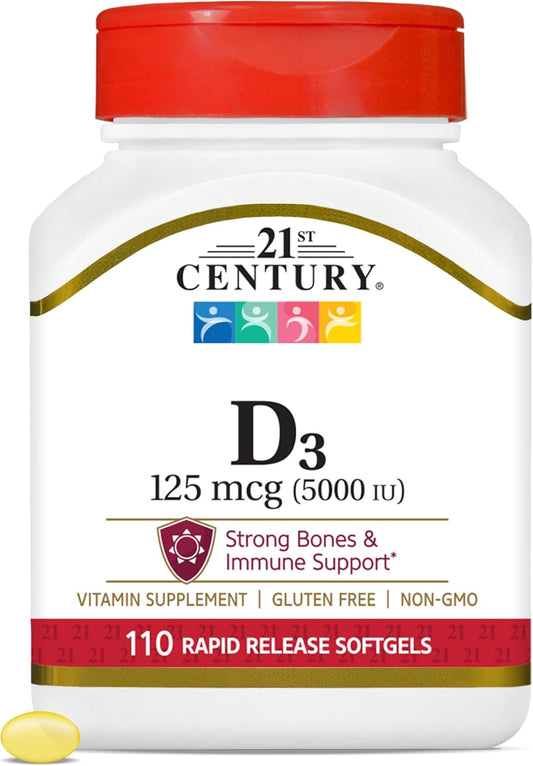 High Strength 21st Century Vitamin D3 125 mcg (5,000 IU) Softgels - 110 Count, Fast Absorption