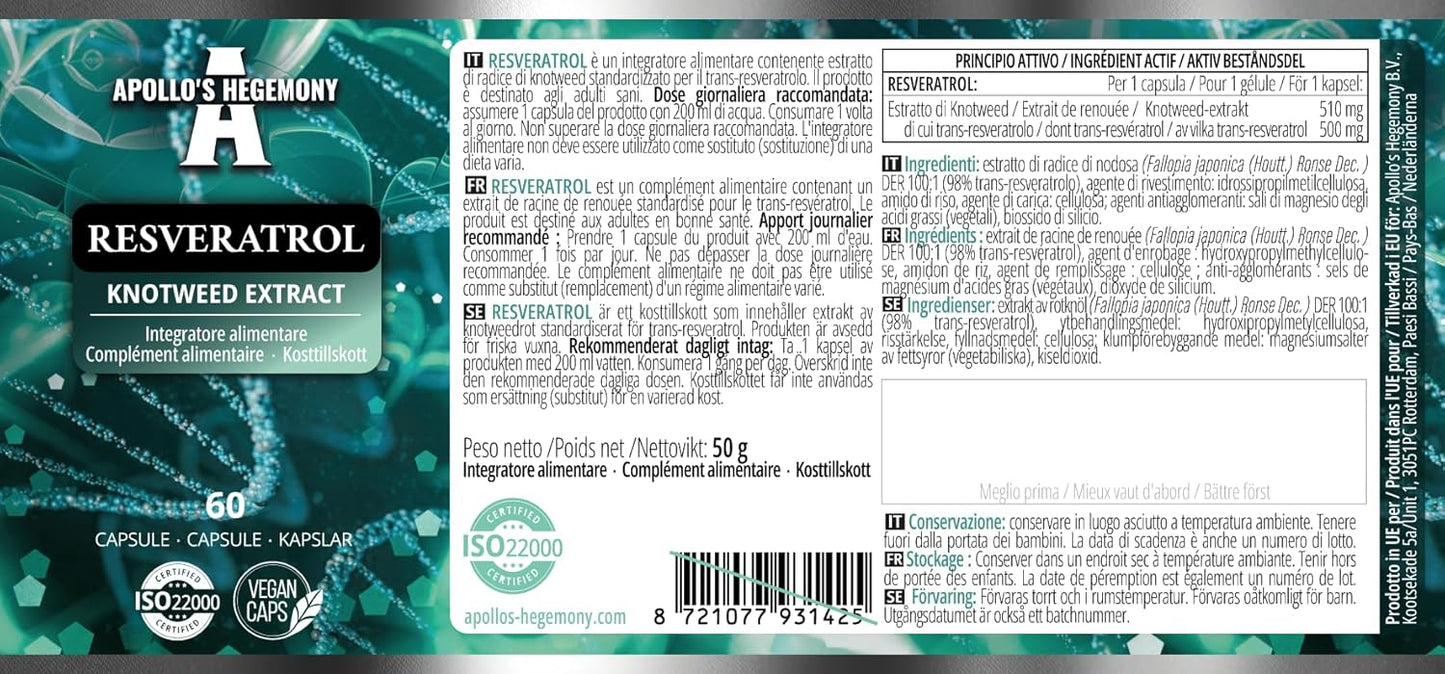 High Strength 400mg Resveratrol Capsules - 60 Vegan Capsules - 2 Month Supply - 98% Trans-Resveratrol - Natural Antioxidant Supplement
