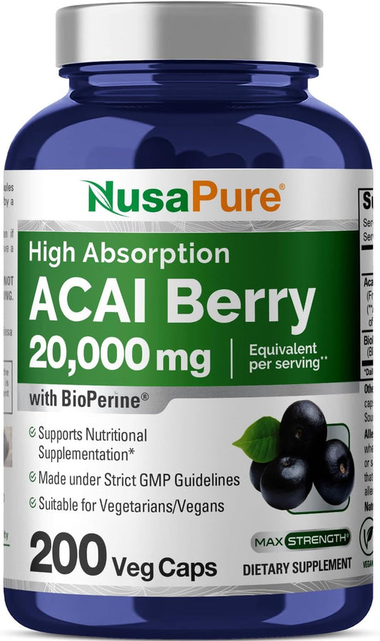High Strength Acai Berry Capsules 20000mg | 200 Vegetarian Caps | Non-GMO, 50:1 Extract, Bioperine Boost
