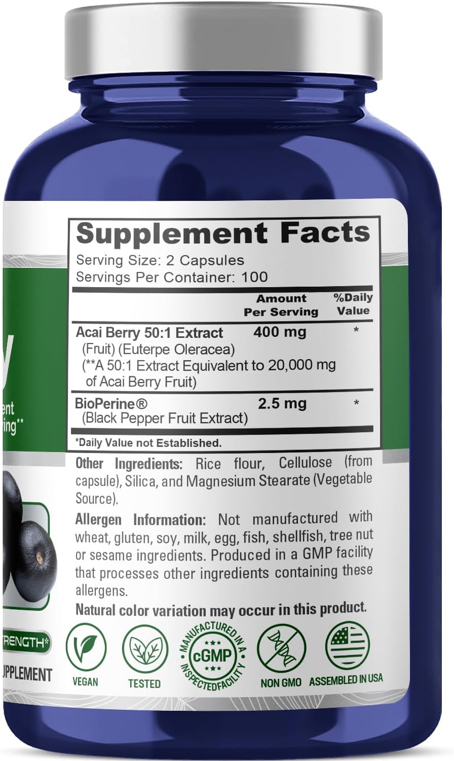 High Strength Acai Berry Capsules 20000mg | 200 Vegetarian Caps | Non-GMO, 50:1 Extract, Bioperine Boost