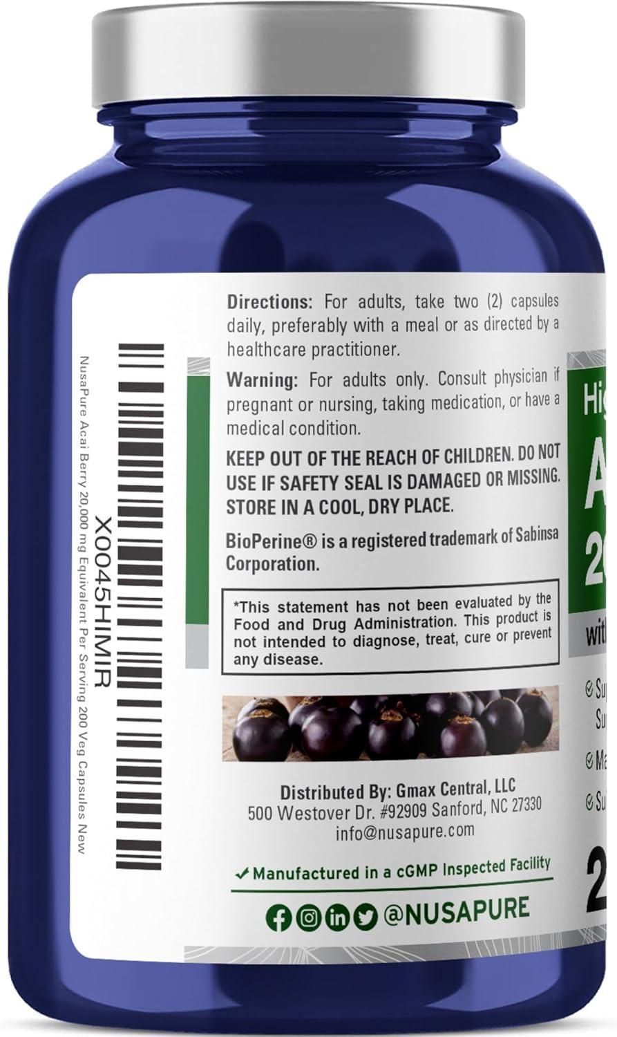 High Strength Acai Berry Capsules 20000mg | 200 Vegetarian Caps | Non-GMO, 50:1 Extract, Bioperine Boost