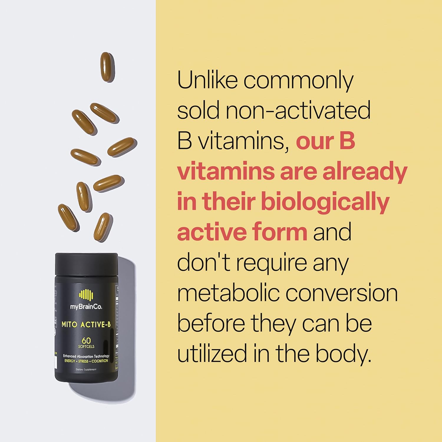 High Strength Activated Vitamin B Complex Supplement for Cellular Energy and Cognition - myBrainCo Active-B (60 Vege-Capsules)
