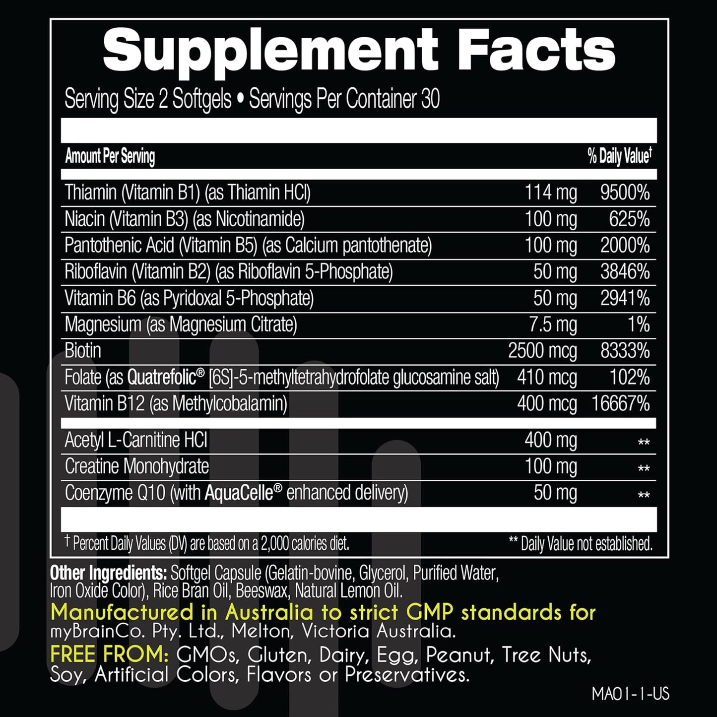 High Strength Activated Vitamin B Complex Supplement for Cellular Energy and Cognition - myBrainCo Active-B (60 Vege-Capsules)