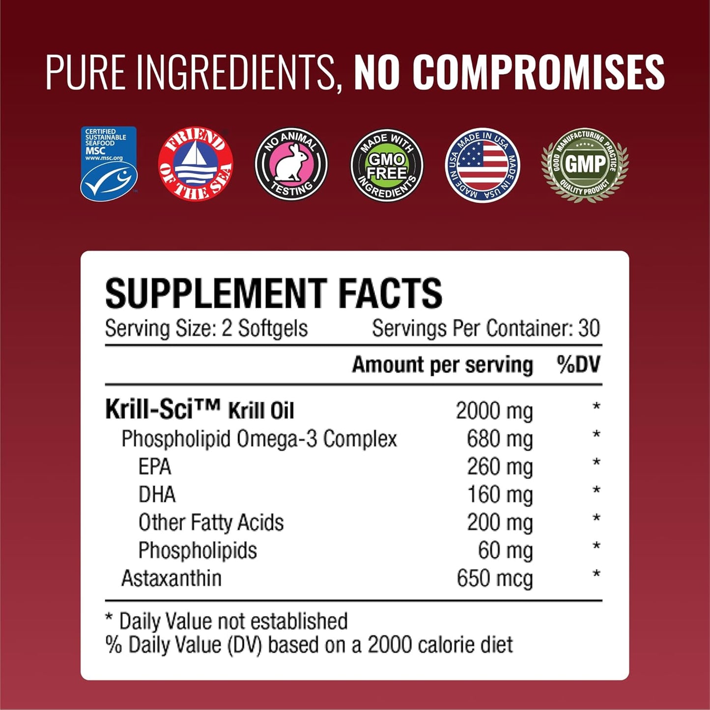 High-Strength Antarctic Krill Oil Supplement with Astaxanthin - 2000mg, 60 Softgels - EPA & DHA Omega-3 Fatty Acids