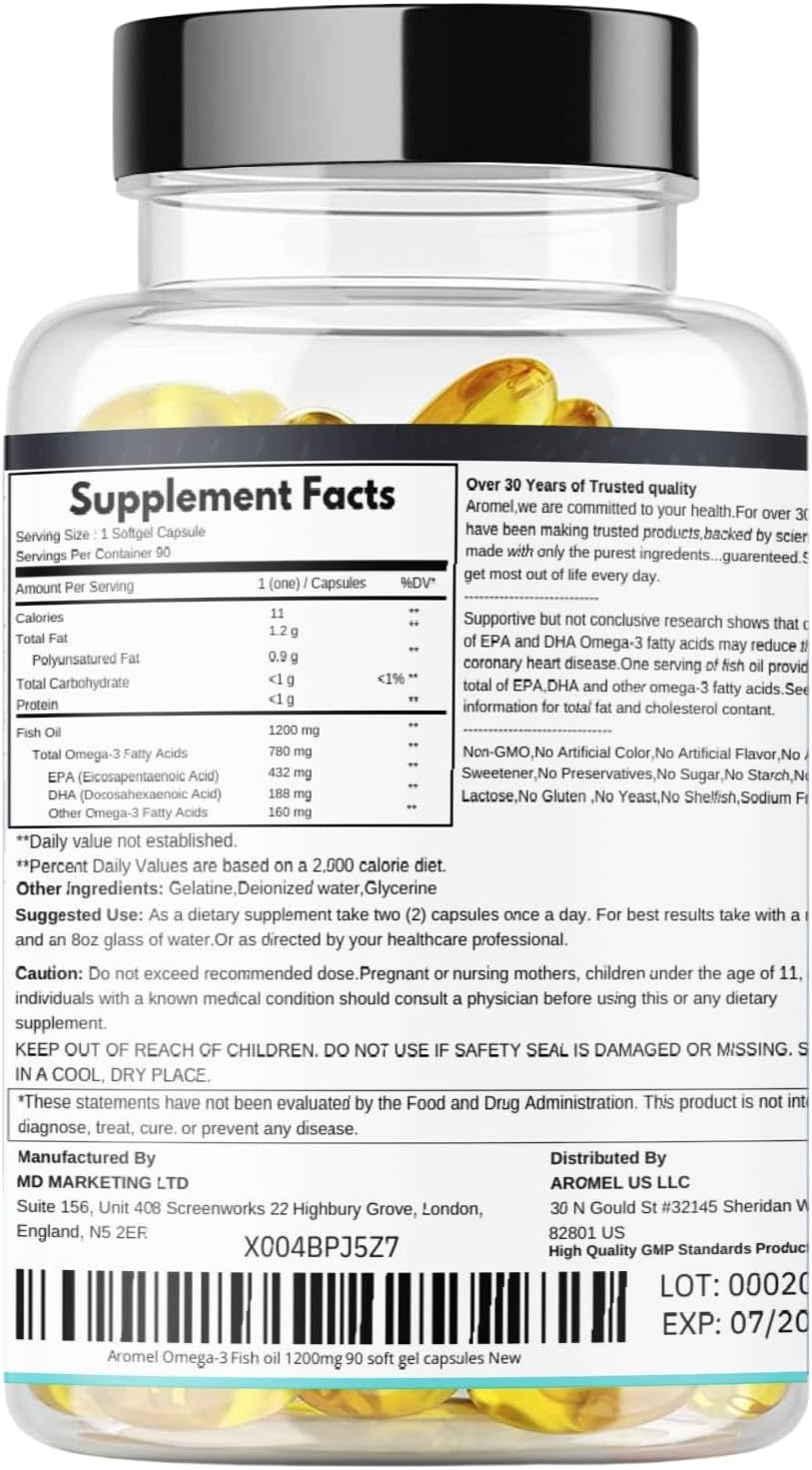 High Strength Aromel Omega-3 Fish Oil 1200mg Soft Gel Capsules - 90 Count