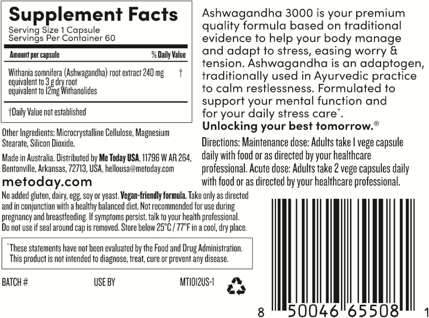 High Strength Ashwagandha Supplements for Stress Relief & Mental Support - Vegetarian Capsules (60 Count)
