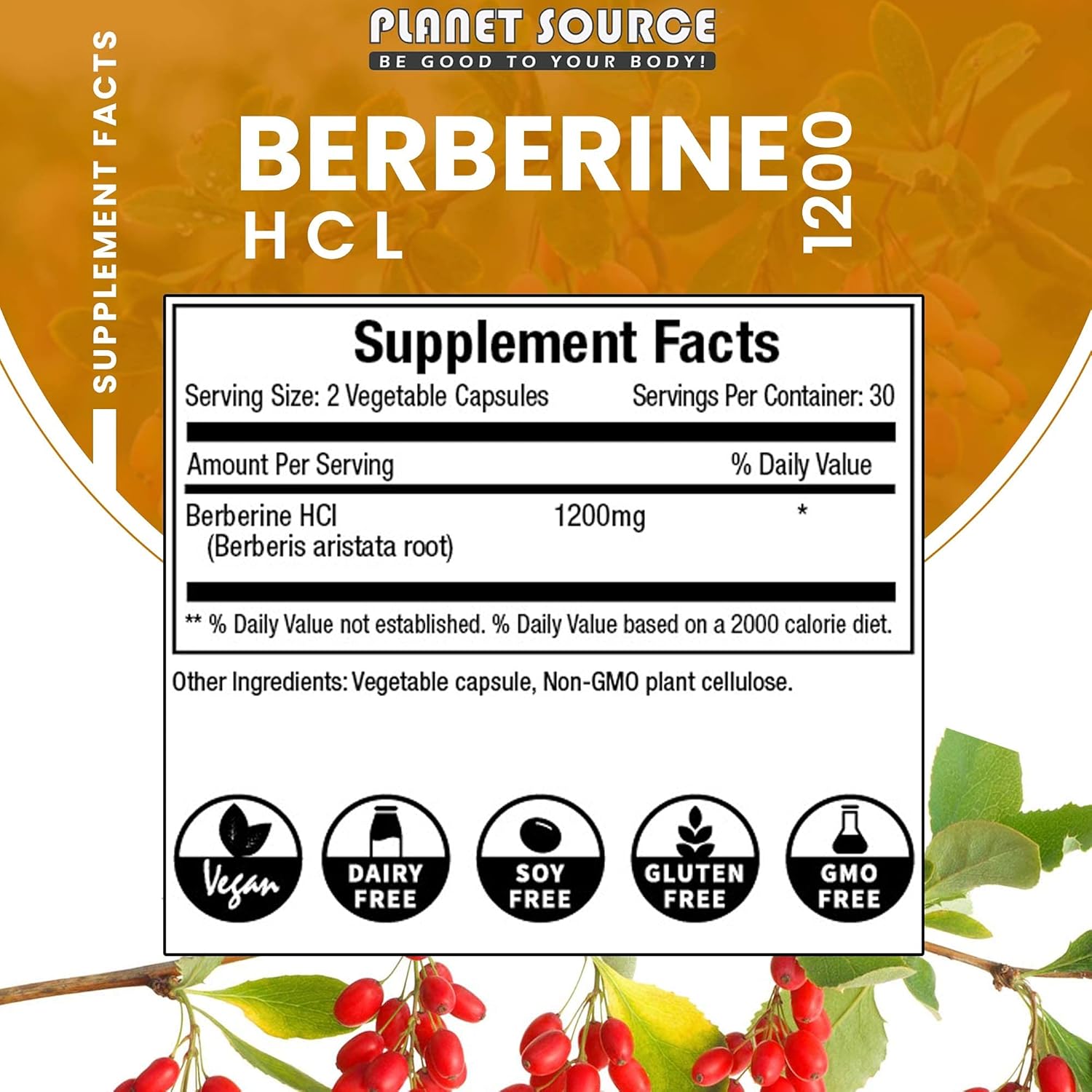 High Strength Berberine HCl Supplement 1200mg - 60 Capsules by Planet Source