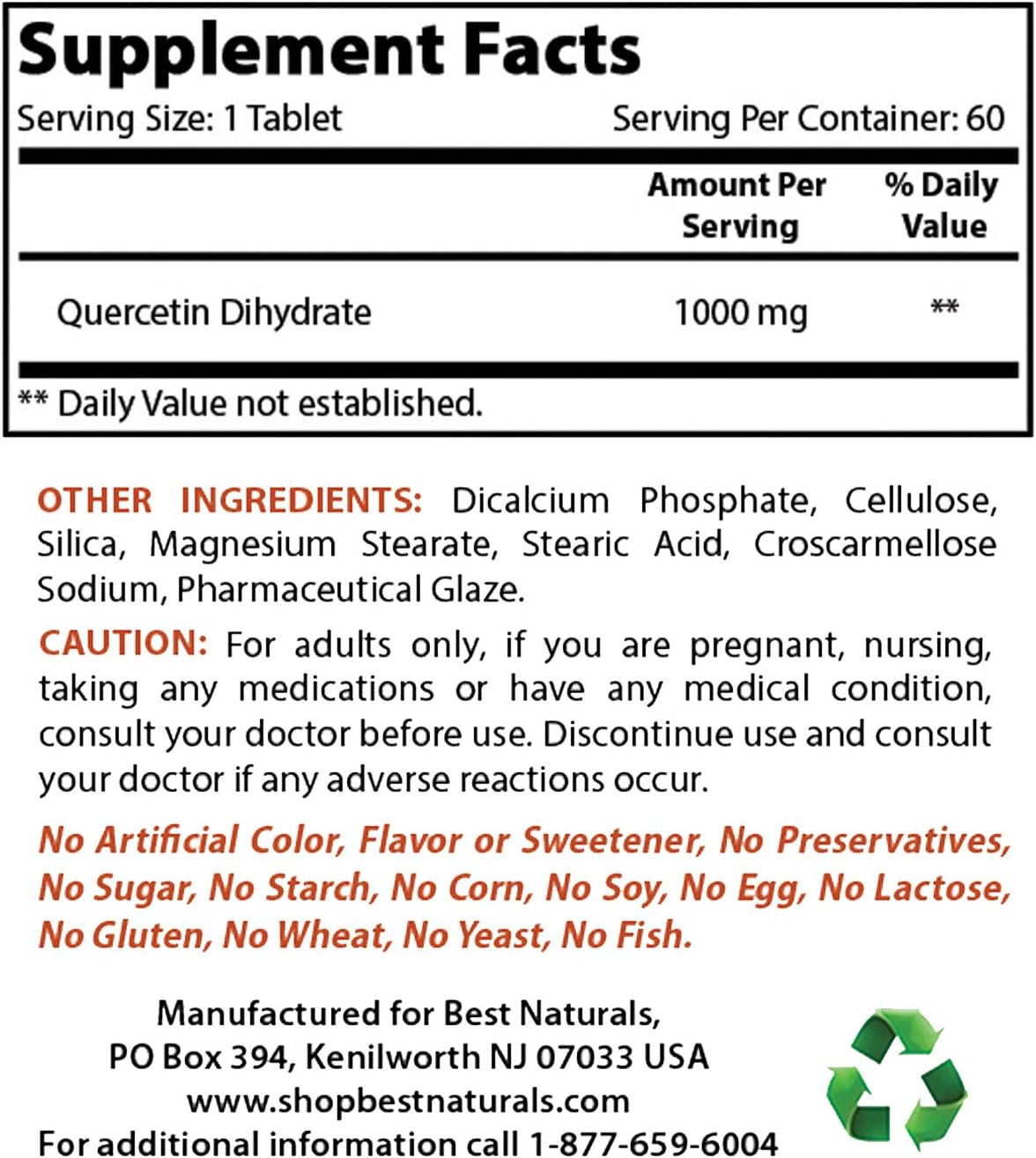 High Strength Best Naturals Quercetin Tablets - 1000mg for Immune Health - 60 Tablets