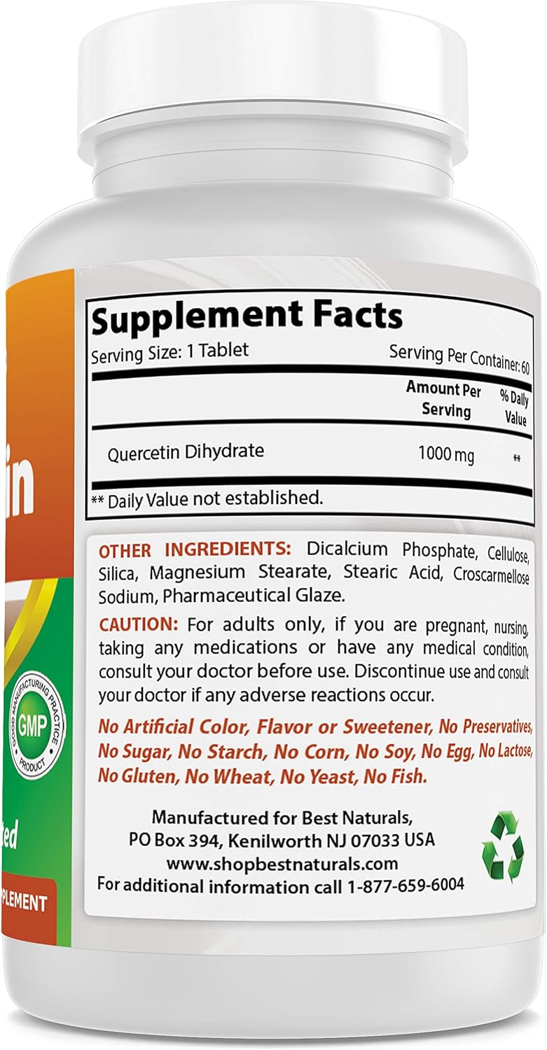 High Strength Best Naturals Quercetin Tablets - 1000mg for Immune Health - 60 Tablets
