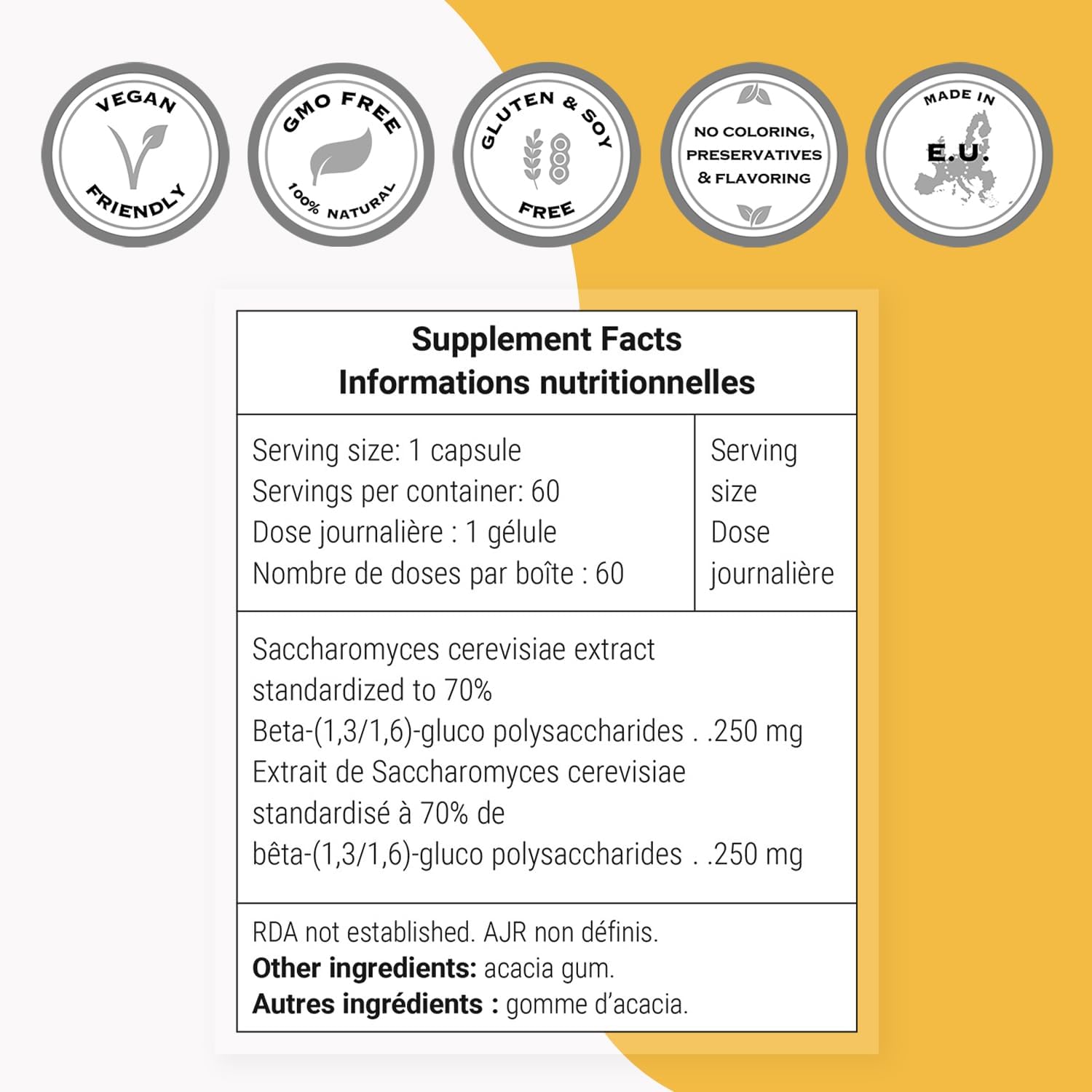 High Strength Beta Glucan Supplement with 250mg per Day - Beta 1.3/1.6 Glucans - Non-GMO & Gluten Free - 60 Vegetarian Capsules