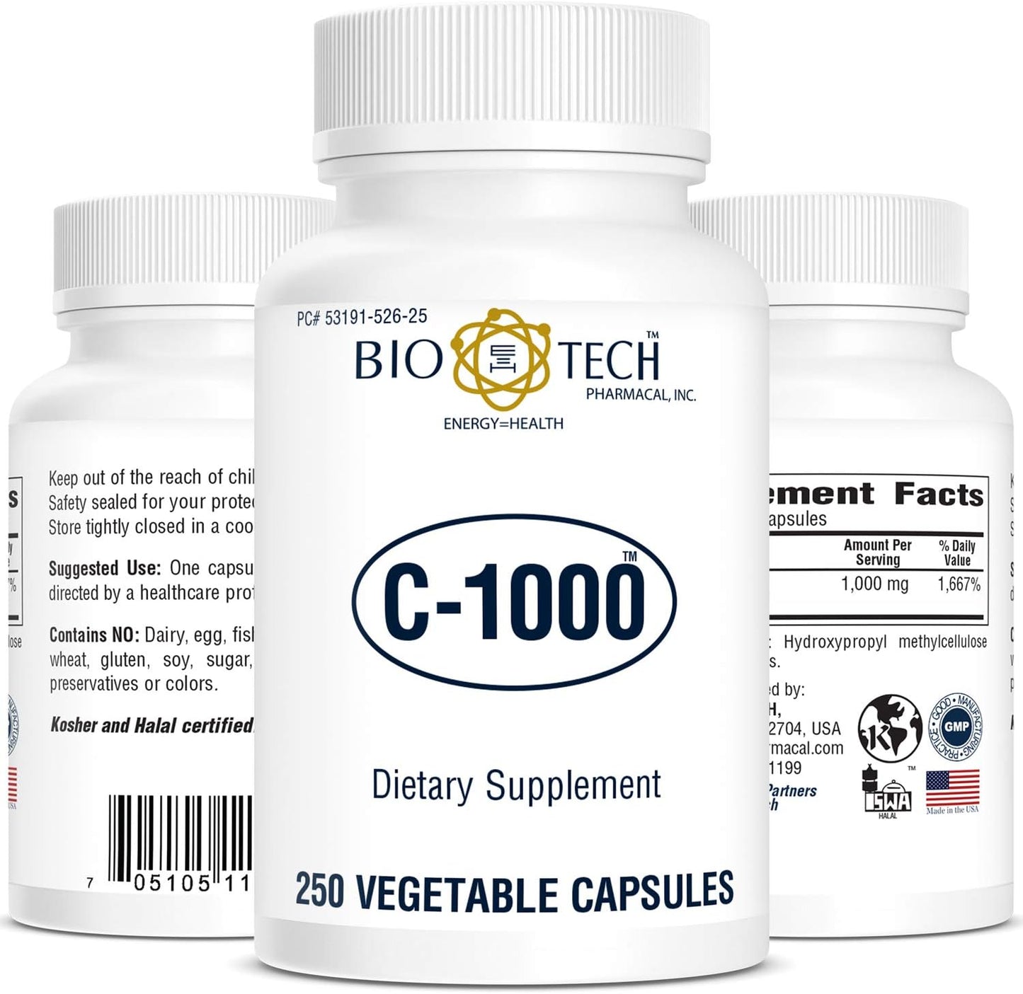 High Strength Bio-Tech Pharmacal C-1000 Vitamin C Supplement - 250 Vegetarian Capsules