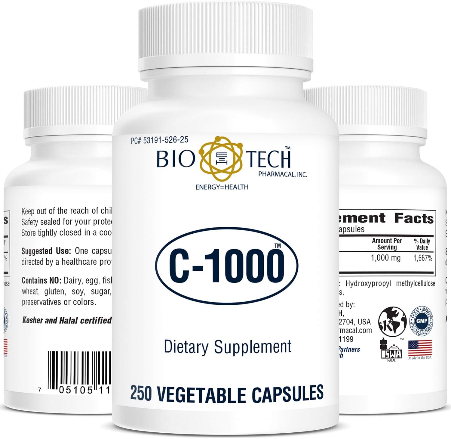 High Strength Bio-Tech Pharmacal C-1000 Vitamin C Supplement - 250 Vegetarian Capsules