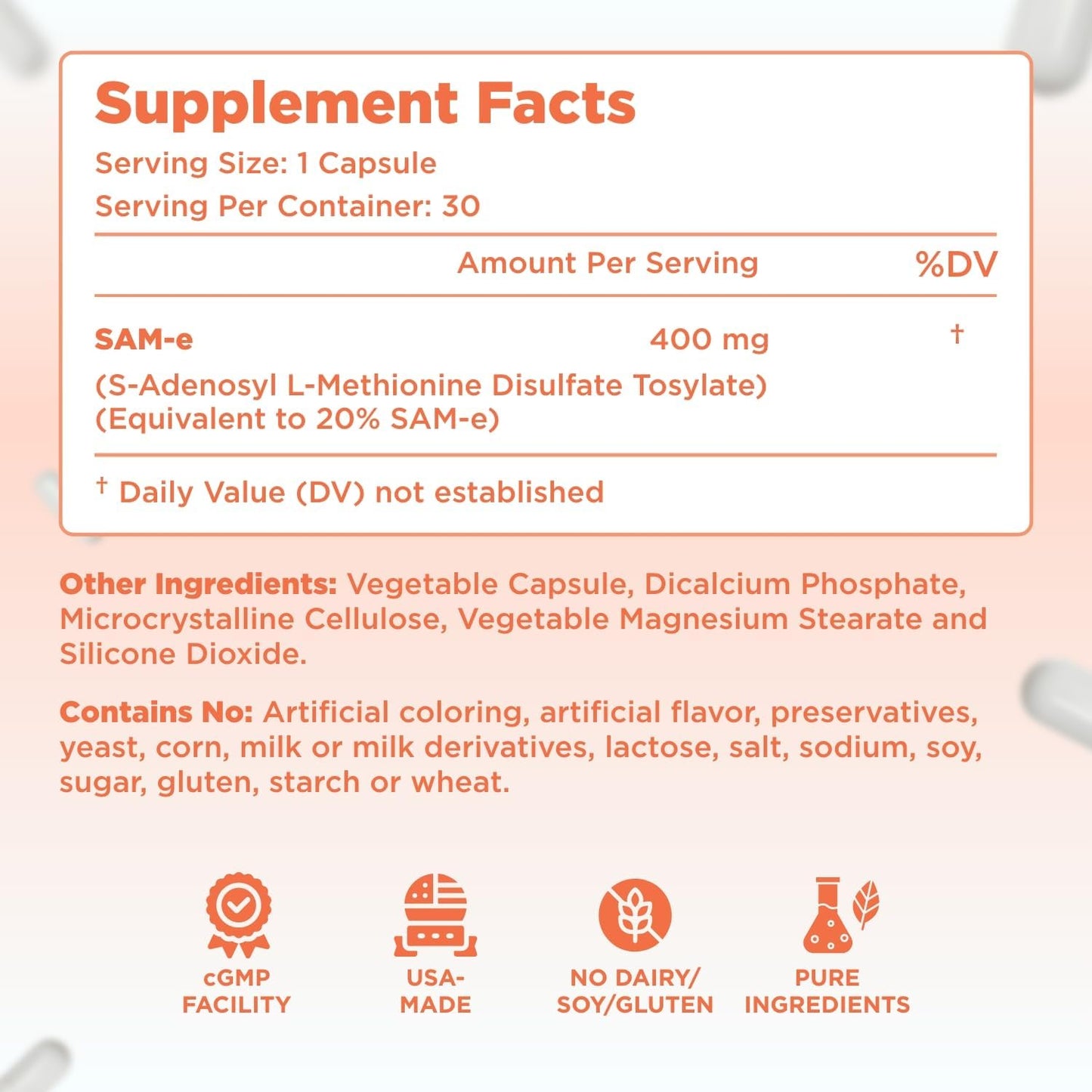 High Strength Bioactive SAM-e 400mg Supplement for Joint, Liver, and Mood Support - Vegan, Non-GMO, Preservative Free - Made in the US - 30 Servings