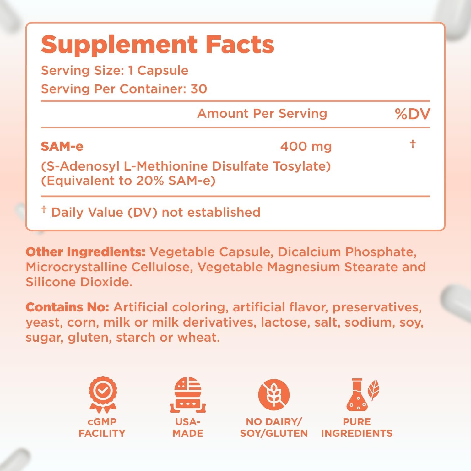 High Strength Bioactive SAM-e 400mg Supplement for Joint, Liver, and Mood Support - Vegan, Non-GMO, Preservative Free - Made in the US - 30 Servings