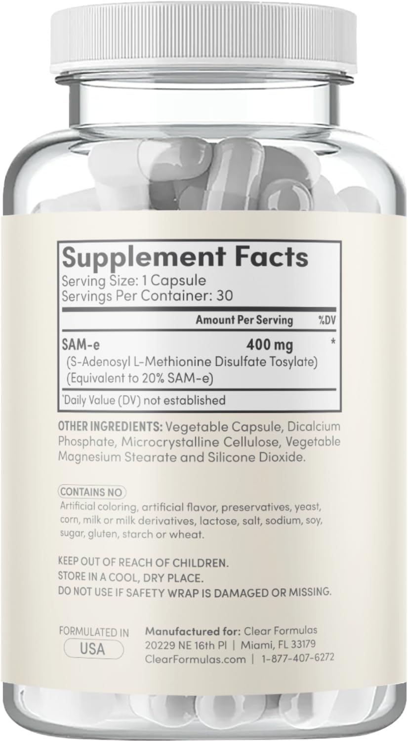 High Strength Bioactive SAM-e 400mg Supplement for Joint, Liver, and Mood Support - Vegan, Non-GMO, Preservative Free - Made in the US - 30 Servings