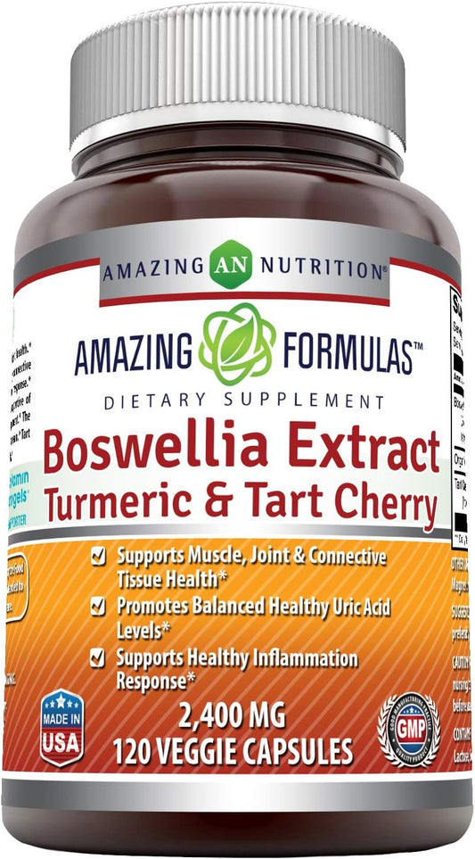 High Strength Boswellia Extract Turmeric & Tart Cherry Capsules 2400mg - Non-GMO, Gluten Free - Vegetarian Friendly - 120 Count - Made in USA by Amazing Nutrition