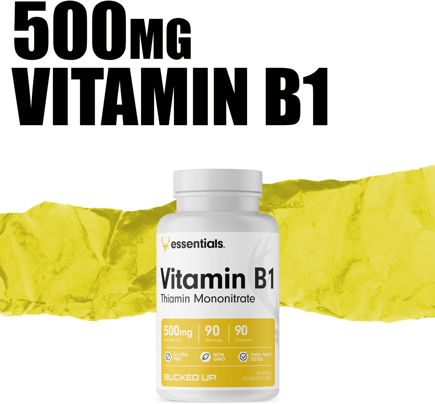 High Strength Bucked Up Vitamin B1 500mg Capsules, Essential Nutrient Supplement (90 Servings)
