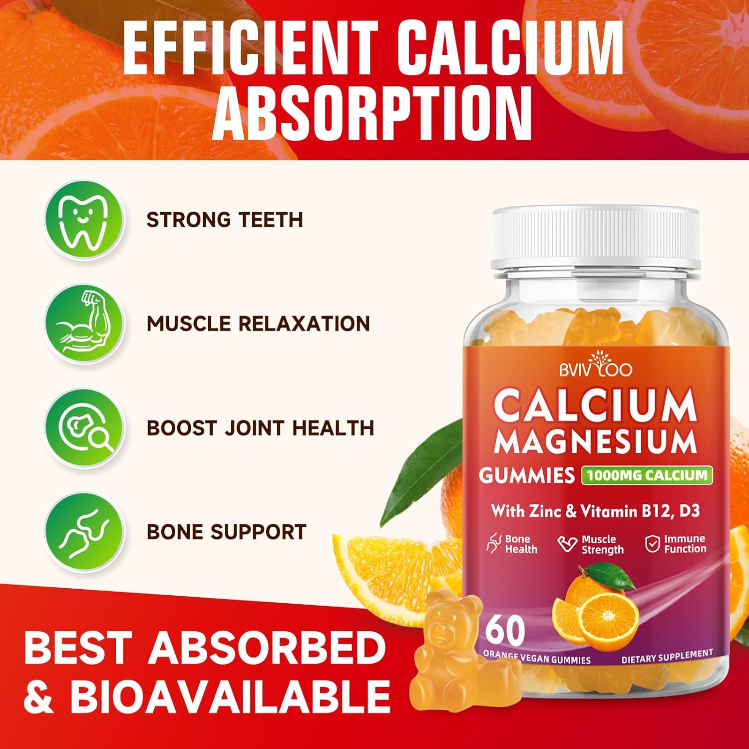 High Strength Calcium Gummies - BVIVLOO 1000mg Supplement for Bone Health