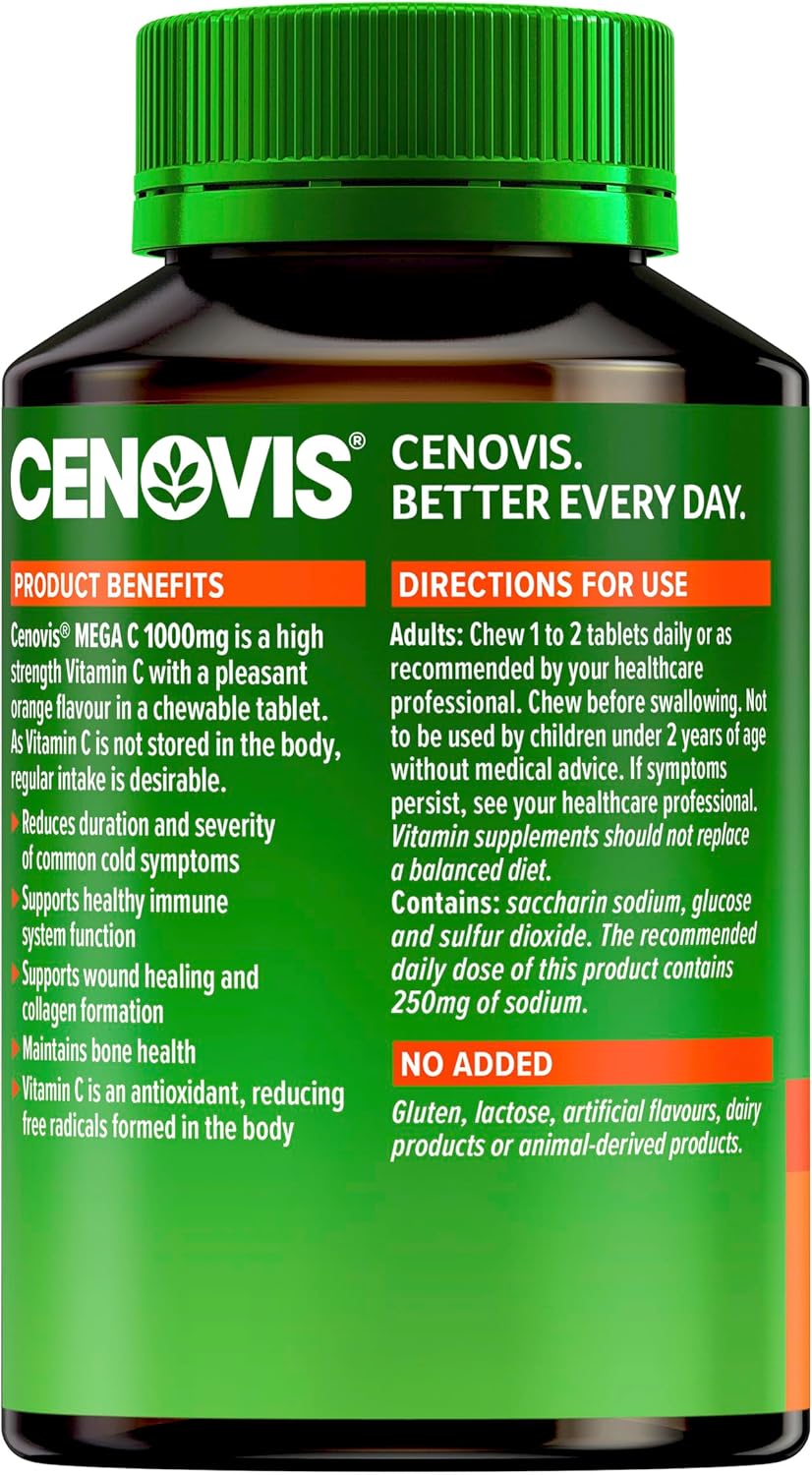 High Strength Cenovis 1000mg Vitamin C Tablets in Refreshing Orange Flavor for Immune Support