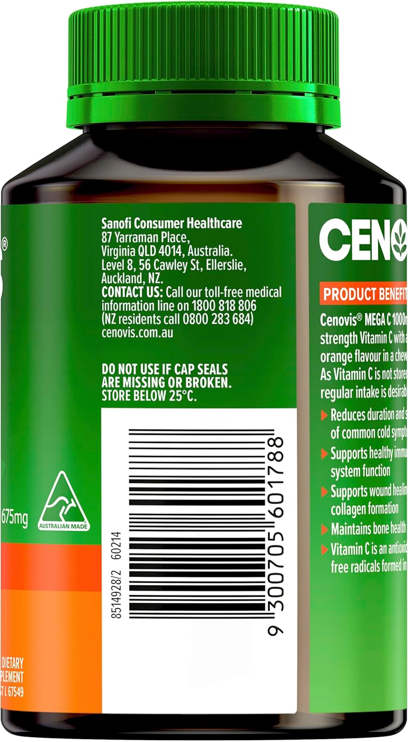 High Strength Cenovis 1000mg Vitamin C Tablets in Refreshing Orange Flavor for Immune Support