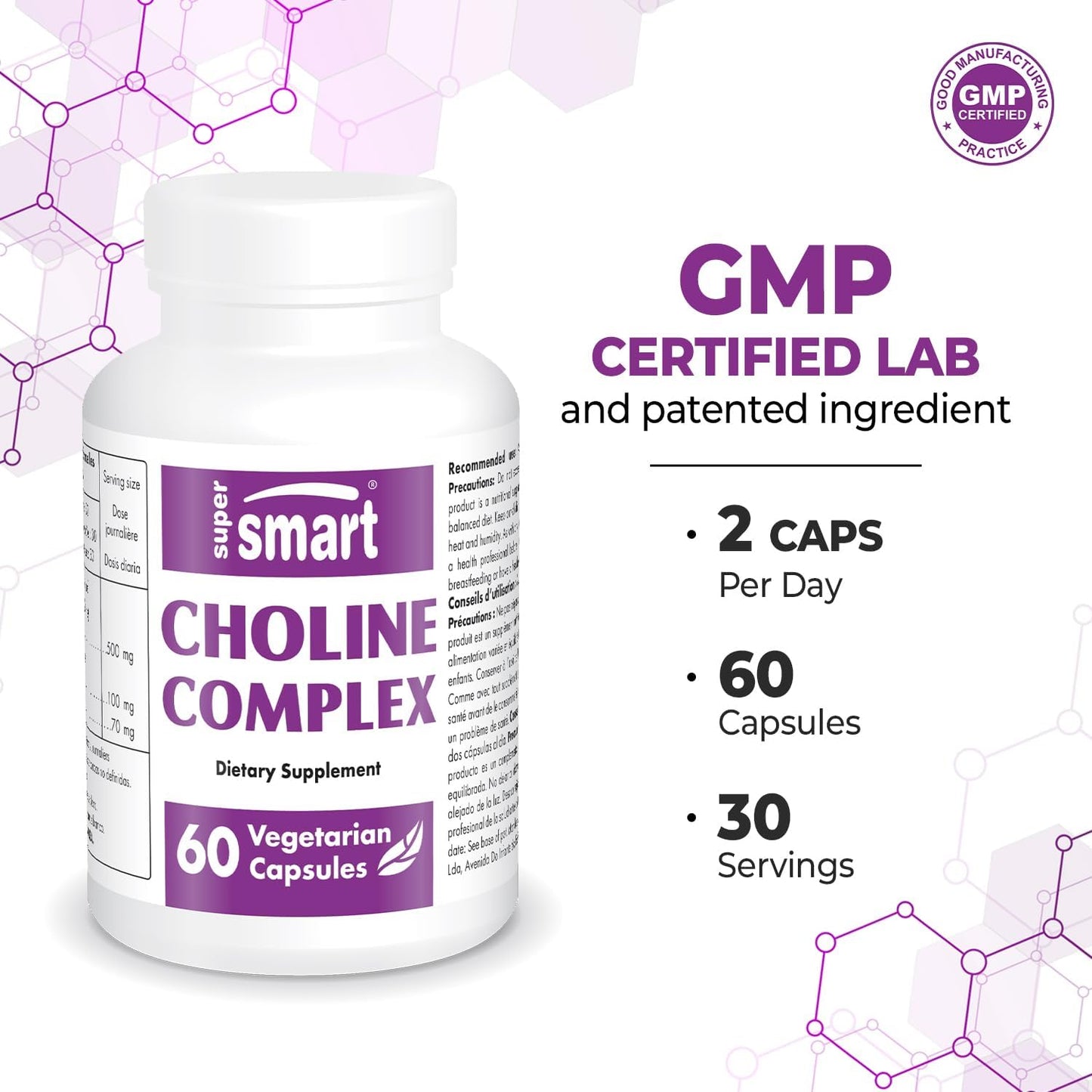 High Strength Choline Complex Supplement with Patented Formula - Choline Bitartrate, GPC Choline & CDP Choline - 60 Capsules, Non-GMO & Gluten-Free