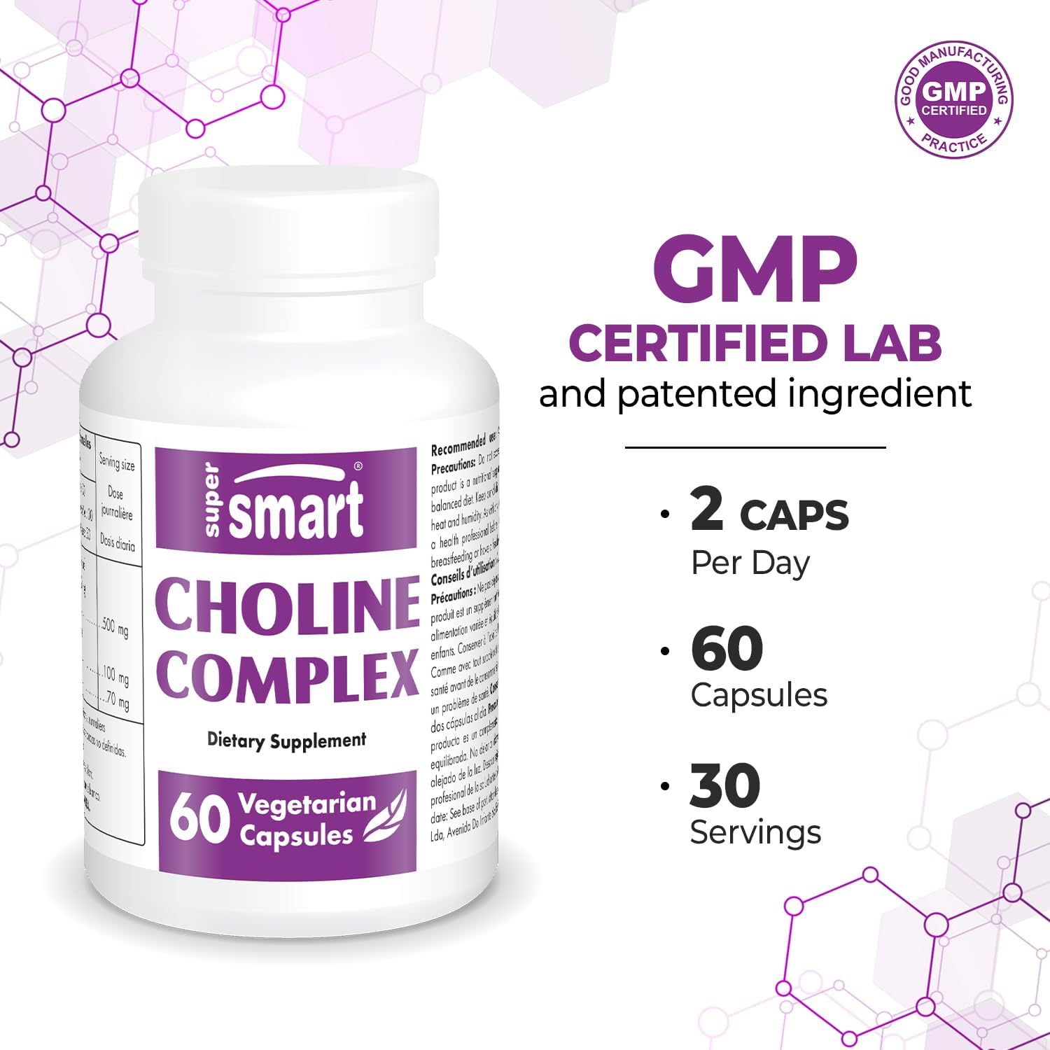 High Strength Choline Complex Supplement with Patented Formula - Choline Bitartrate, GPC Choline & CDP Choline - 60 Capsules, Non-GMO & Gluten-Free
