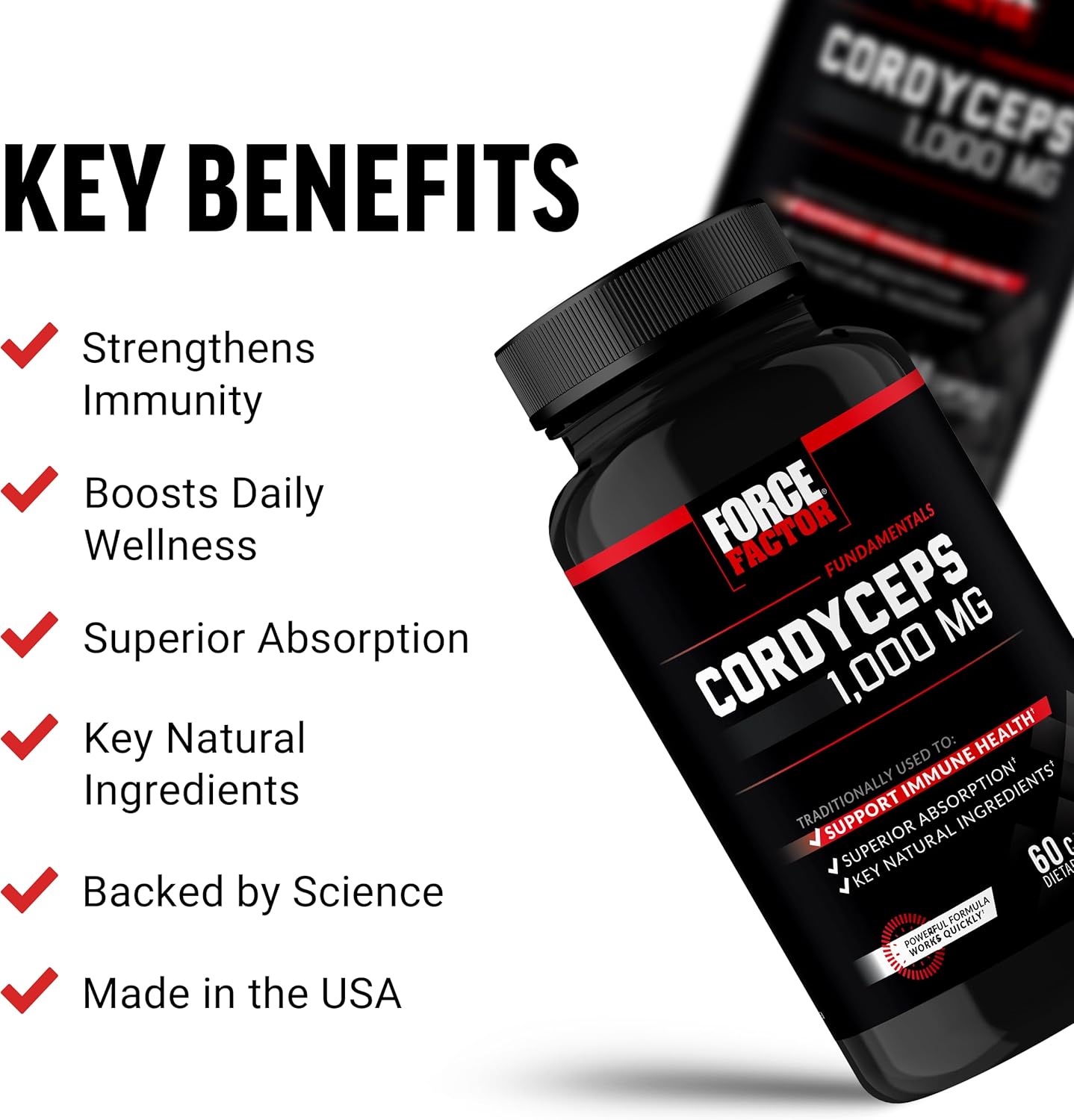 High Strength Cordyceps Capsules with 1000mg Extract & BioPerine for Vitality - 60 Capsules