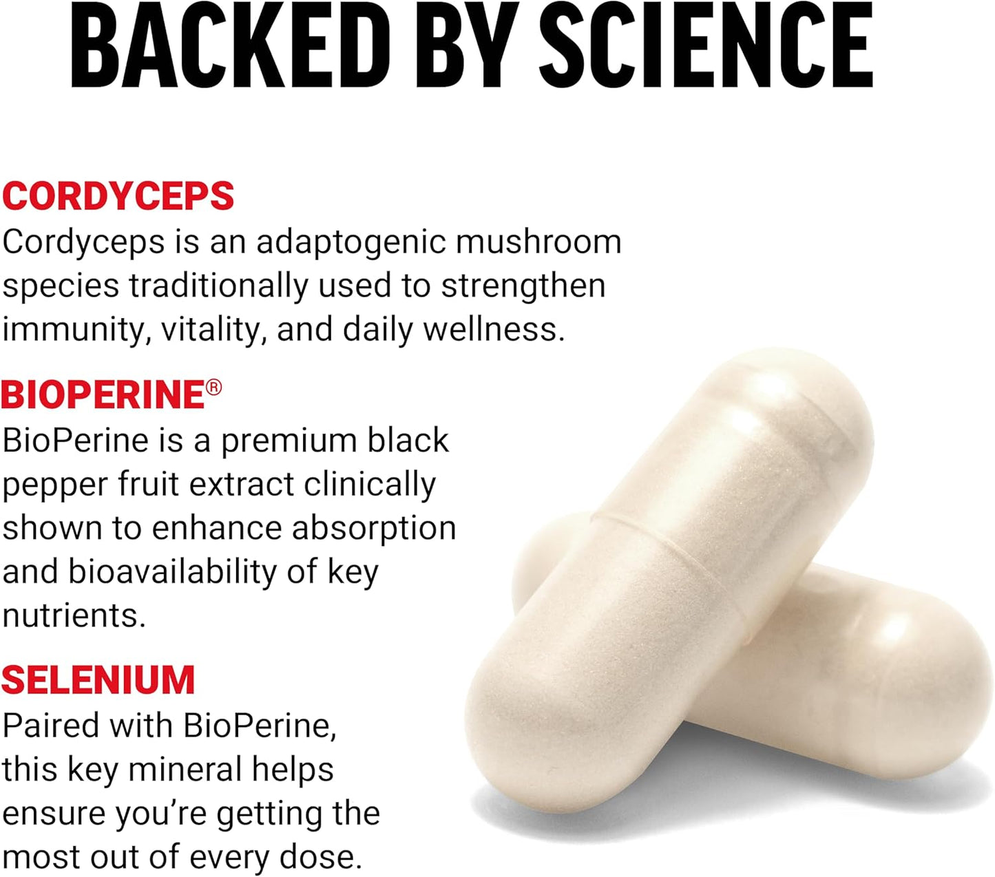 High Strength Cordyceps Capsules with 1000mg Extract & BioPerine for Vitality - 60 Capsules