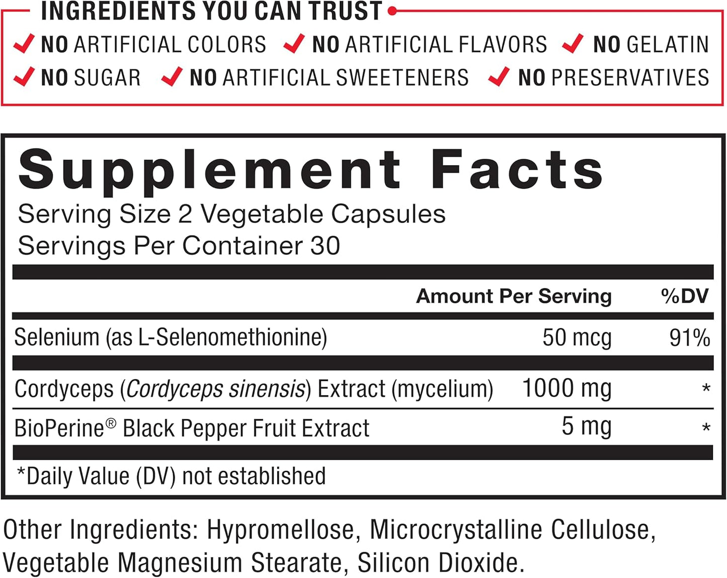 High Strength Cordyceps Capsules with 1000mg Extract & BioPerine for Vitality - 60 Capsules