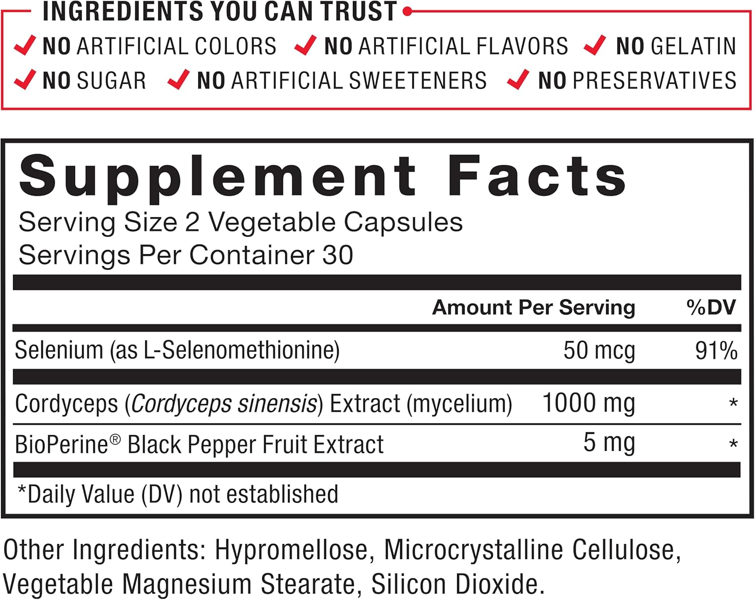 High Strength Cordyceps Capsules with 1000mg Extract & BioPerine for Vitality - 60 Capsules