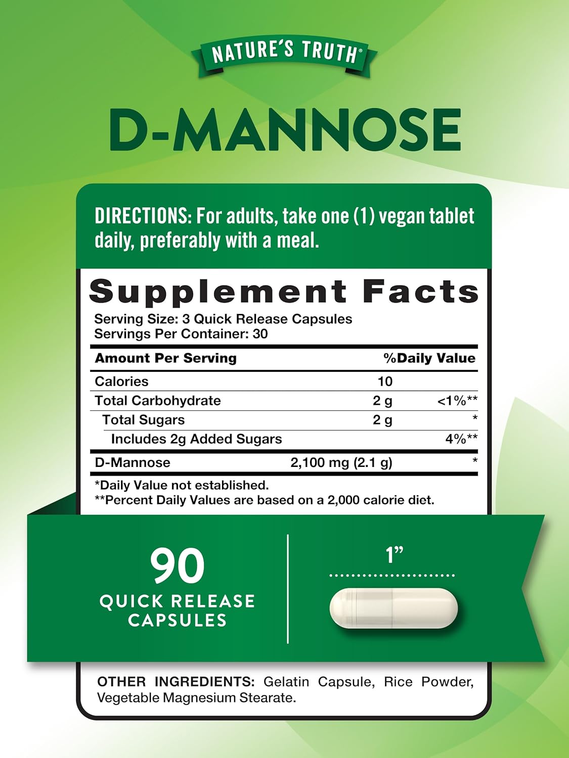 High Strength D-Mannose Capsules 2100mg - 90 Pills | Natural Non-GMO & Gluten-Free Supplement