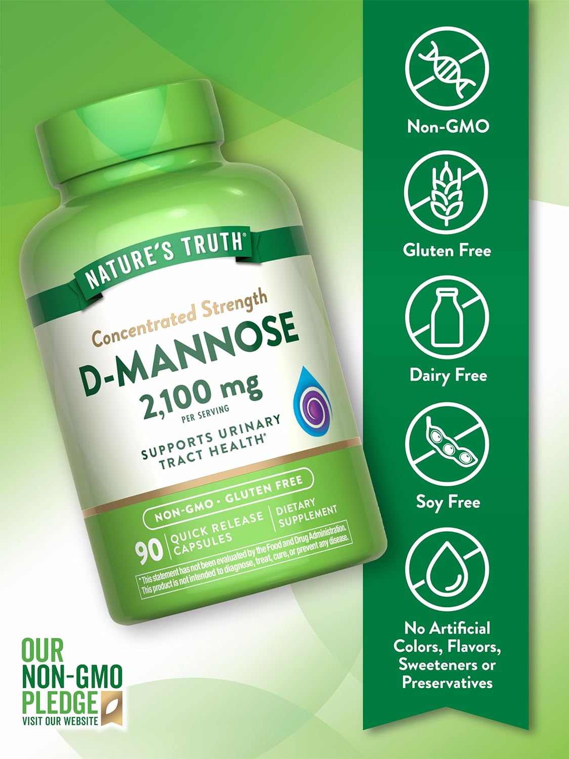 High Strength D-Mannose Capsules 2100mg - 90 Pills | Natural Non-GMO & Gluten-Free Supplement