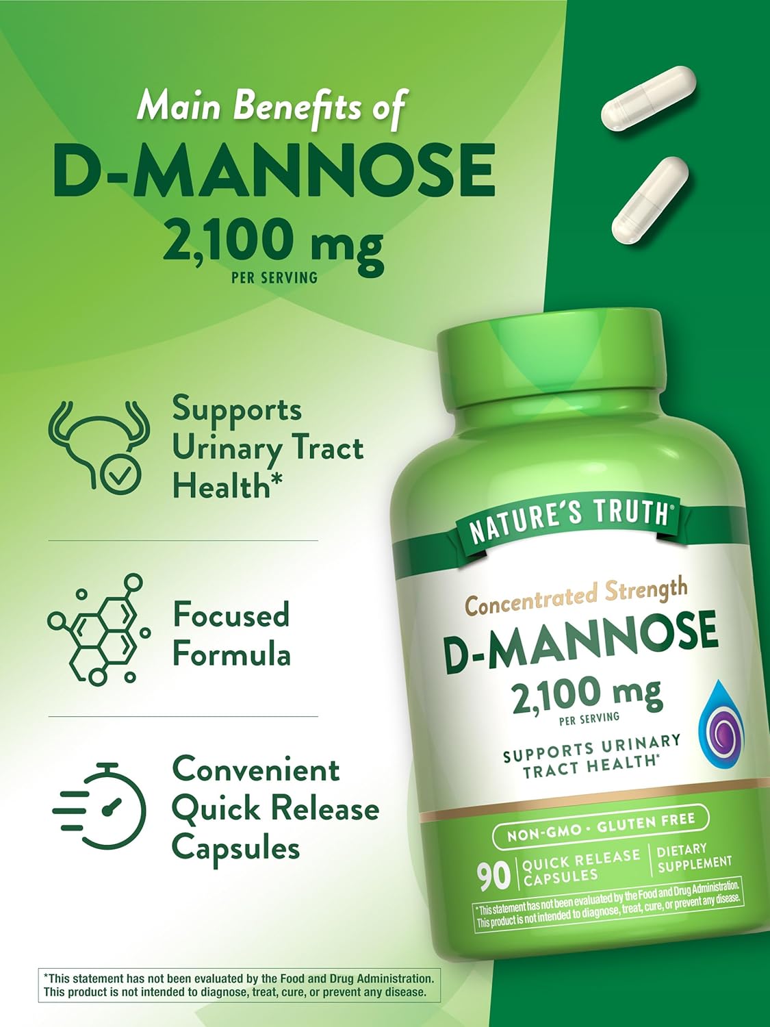 High Strength D-Mannose Capsules 2100mg - 90 Pills | Natural Non-GMO & Gluten-Free Supplement