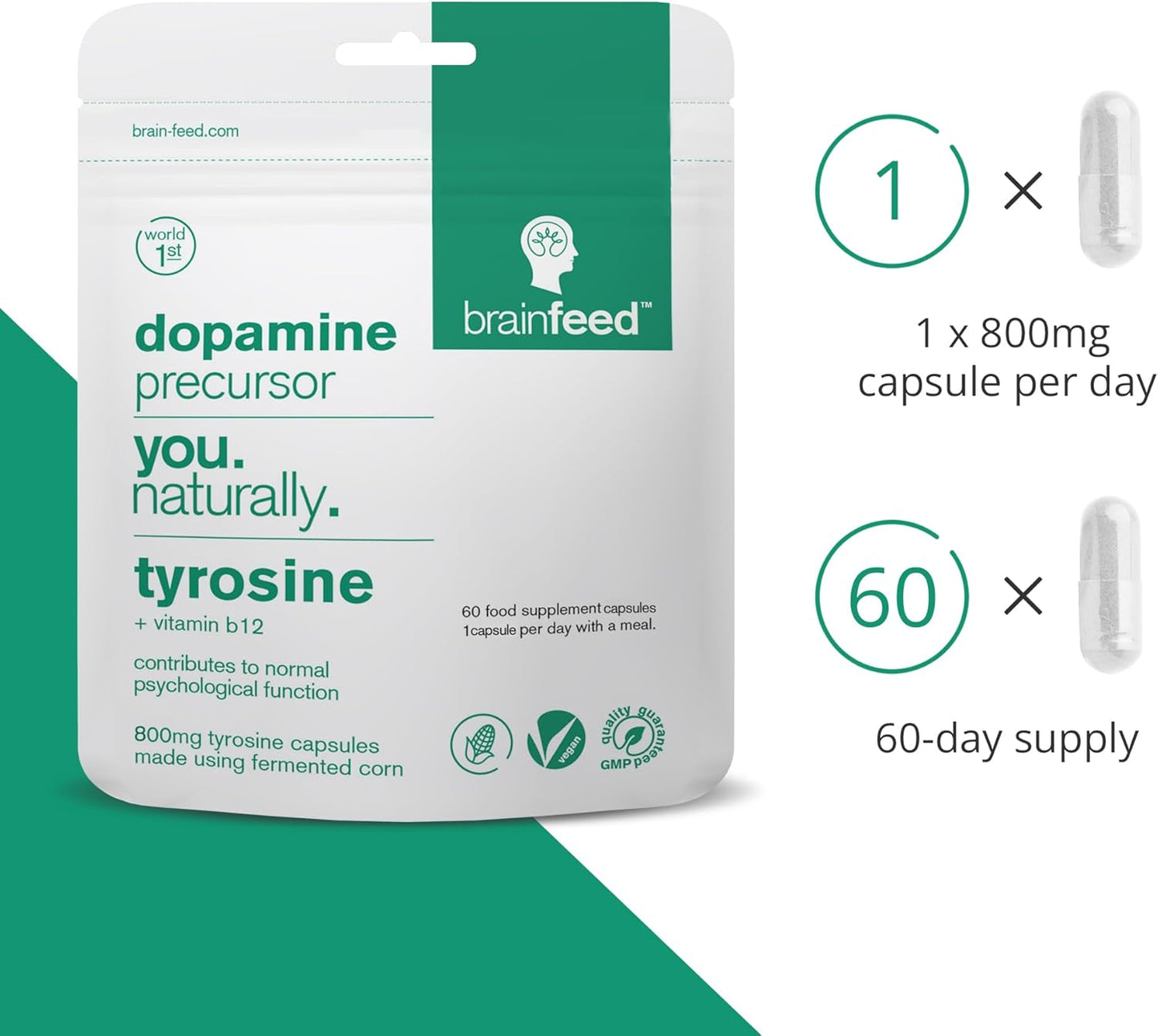 High Strength Dopamine Booster Capsules | 800mg L-Tyrosine | Boost Alertness, Focus & Motivation | 60 Count Vegan Pills | 2-Month Supply