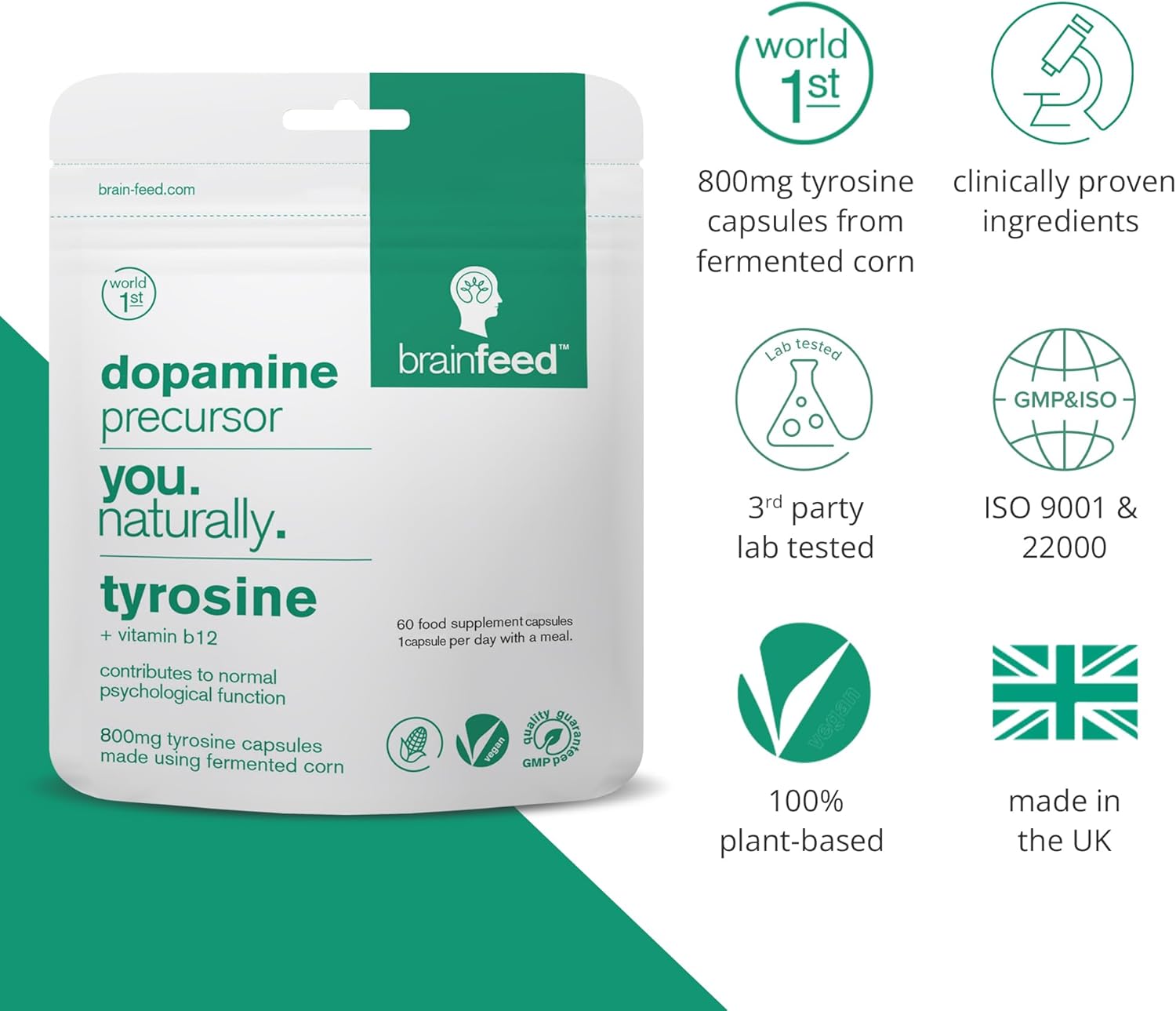 High Strength Dopamine Booster Capsules | 800mg L-Tyrosine | Boost Alertness, Focus & Motivation | 60 Count Vegan Pills | 2-Month Supply