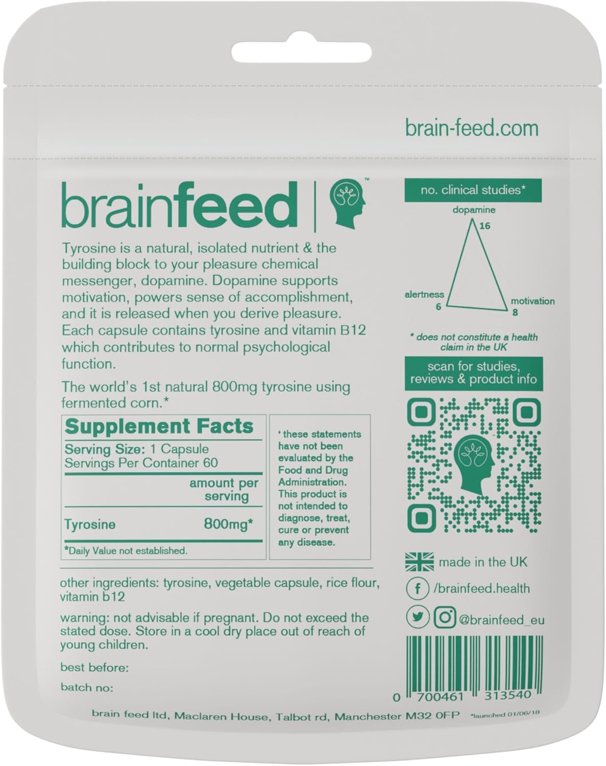 High Strength Dopamine Booster Capsules | 800mg L-Tyrosine | Boost Alertness, Focus & Motivation | 60 Count Vegan Pills | 2-Month Supply