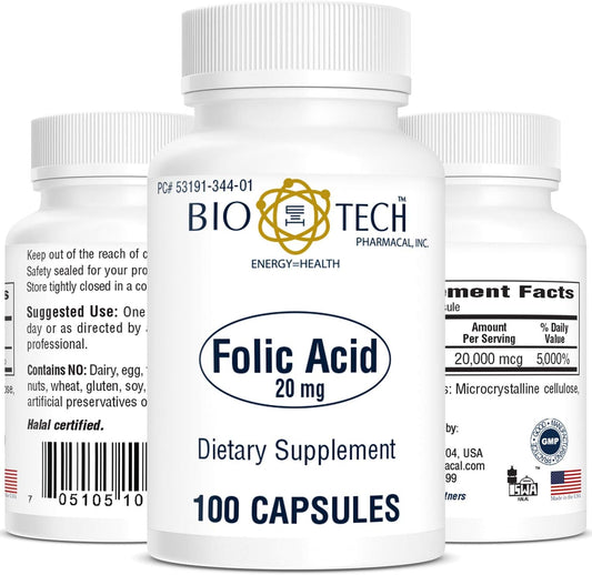 High Strength Folic Acid Supplement (20mg, 100 Tablets) by Bio-Tech Pharmacal