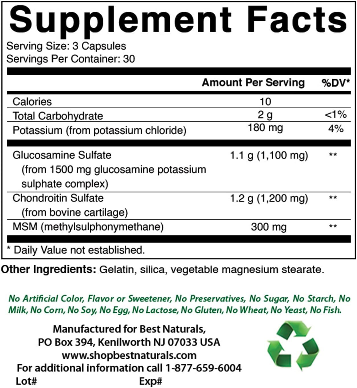 High Strength Glucosamine Chondroitin MSM Supplements, 2600 mg, 180 Capsules - Pack of 2