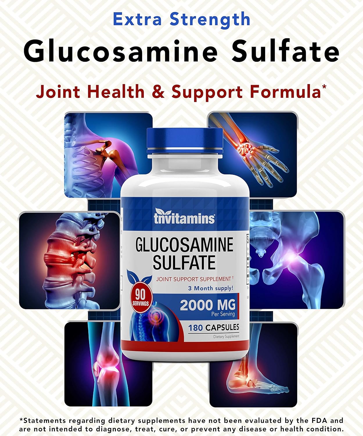 High Strength Glucosamine Sulfate Capsules 2000 MG - 180 Count | Joint Support Supplement for Women & Men | Made in USA | Enhances Flexibility & Mobility