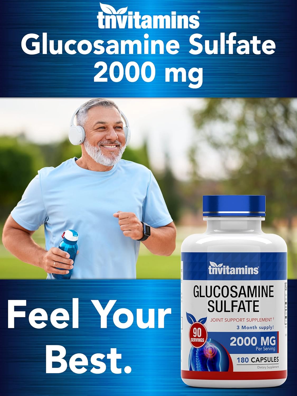 High Strength Glucosamine Sulfate Capsules 2000 MG - 180 Count | Joint Support Supplement for Women & Men | Made in USA | Enhances Flexibility & Mobility