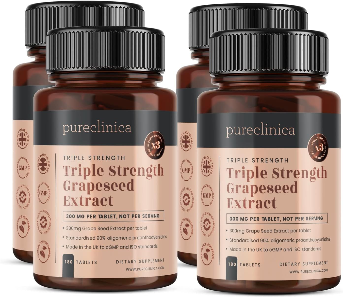 High Strength Grape Seed Extract Tablets - 300mg x 720 (4 Bottles of 180) with 90% Oligomeric Proanthocyanidins