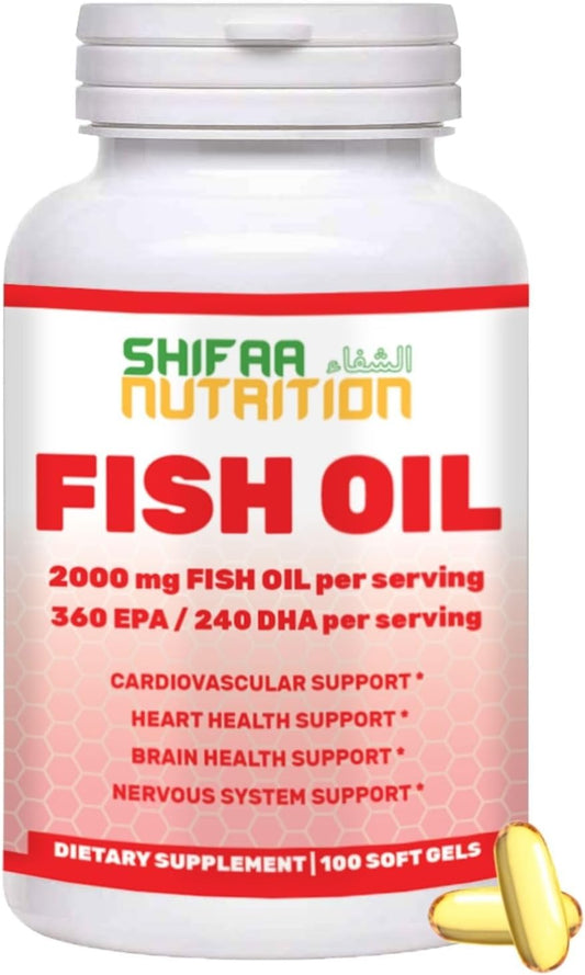 High Strength Halal Fish Oil Softgels - 2000mg with 360mg EPA & 240mg DHA - 100 Non-GMO Omega 3 Softgels for Heart & Brain Health - Burpless & Easy-to-Swallow Omega 3 Supplements