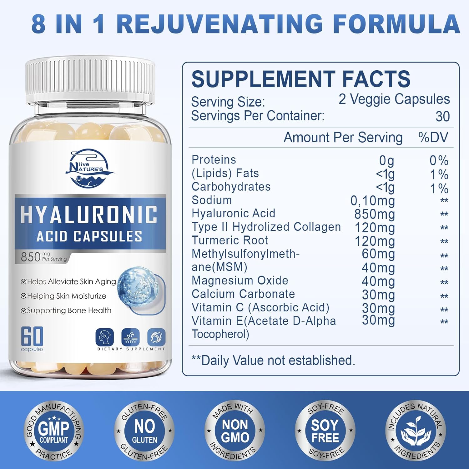 High Strength Hyaluronic Acid Supplements for Joints, Skin, Hair & Nails - 850mg Double Bioavailability, 60 Softgels x 2 Pack