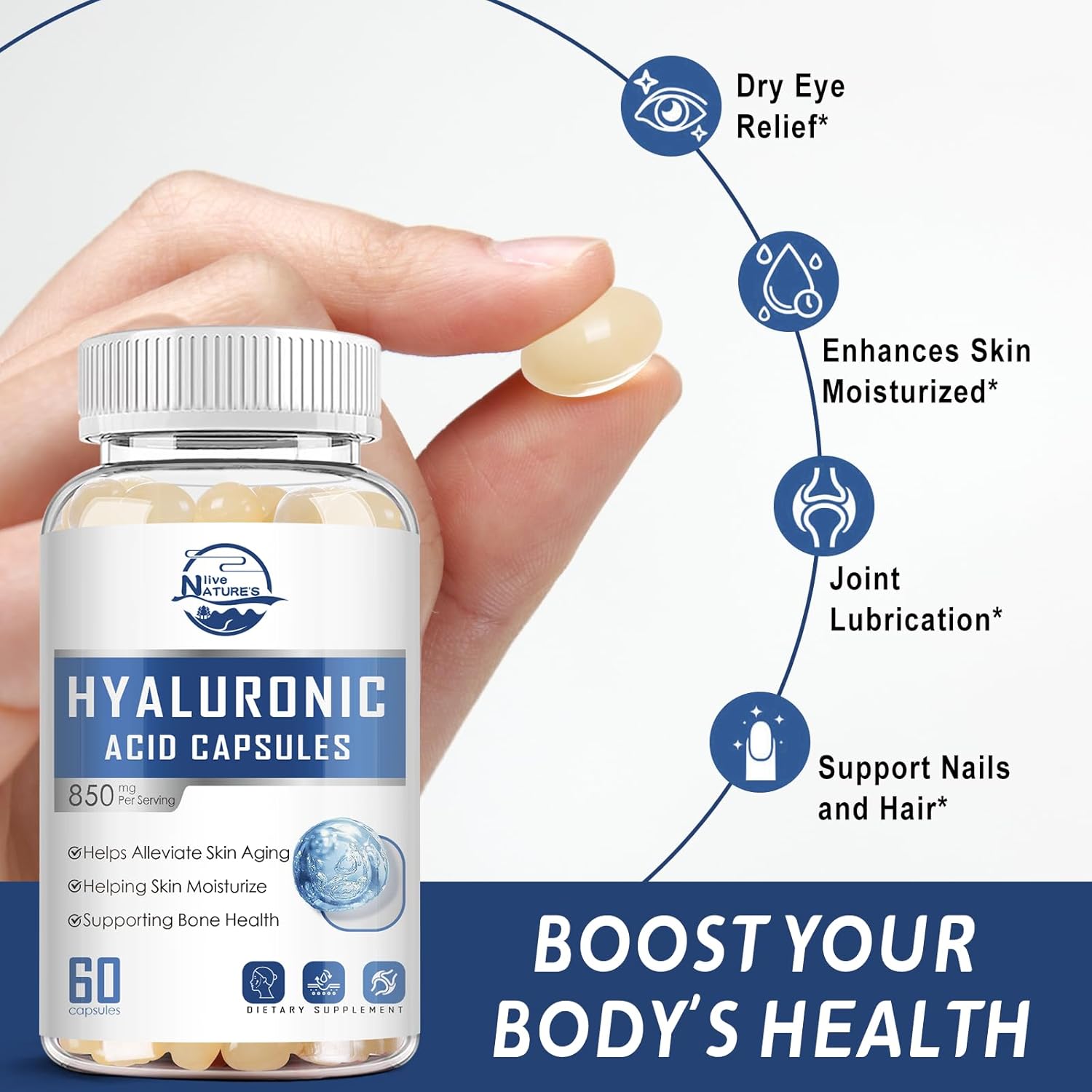 High Strength Hyaluronic Acid Supplements for Joints, Skin, Hair & Nails - 850mg Double Bioavailability, 60 Softgels x 2 Pack